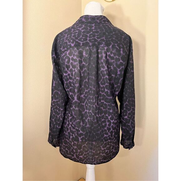 Ann Taylor Black Purple Leopard Print Semi Sheer Blouse Petite Medium - Picture 2 of 9